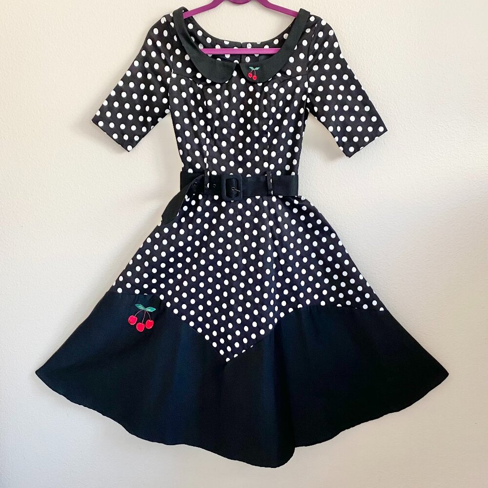 Collectif Polka Dot Swing Dress with Embroidered Cherries & Belt Size XS NWOT